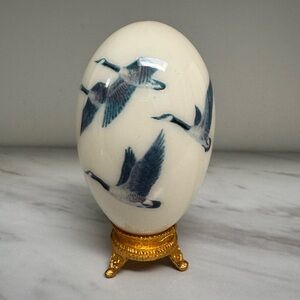 Vintage White and Blue Decorative Egg with Gold Stand.